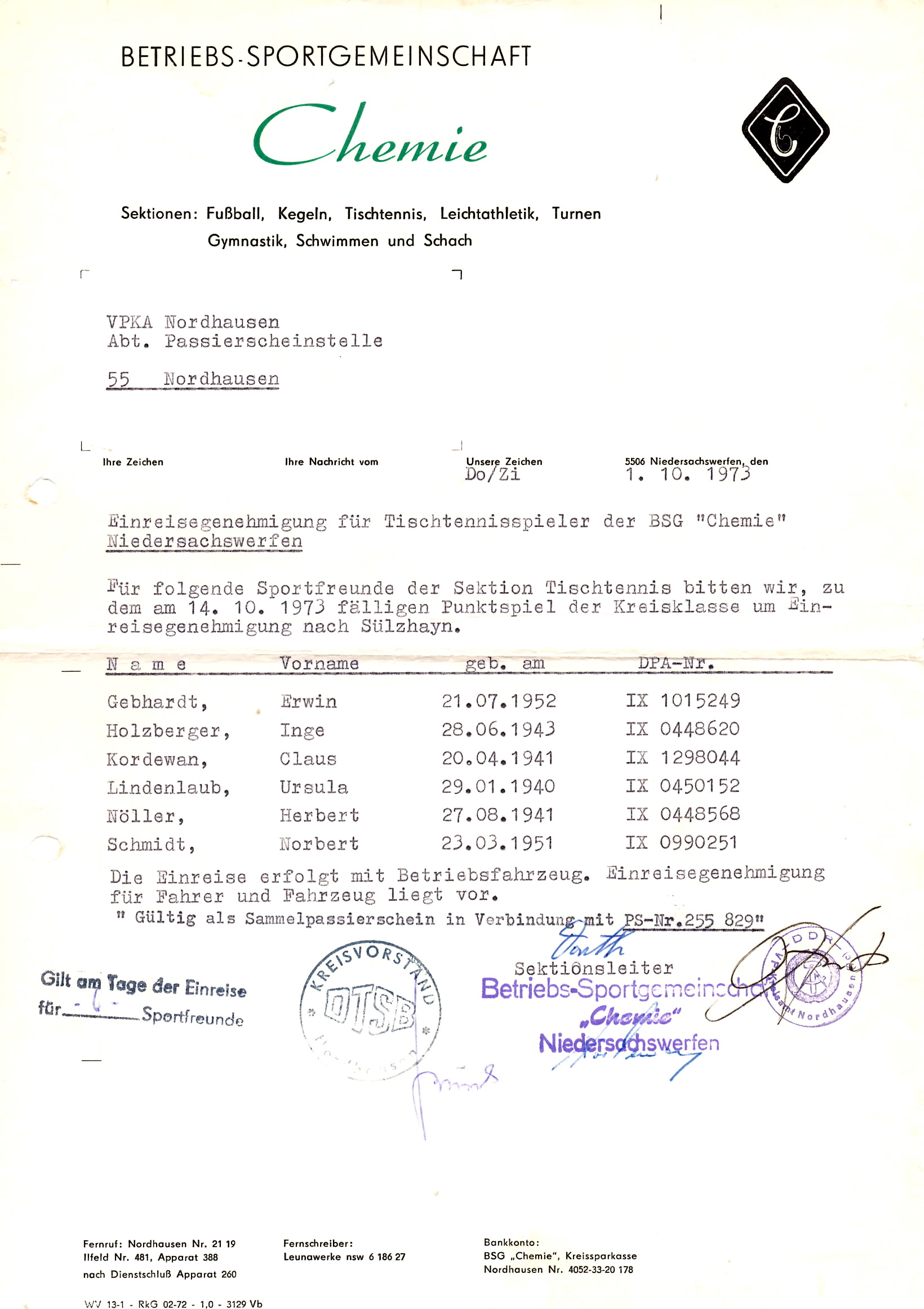 TT DDR Zeiten Einreisegenehmigung 1973